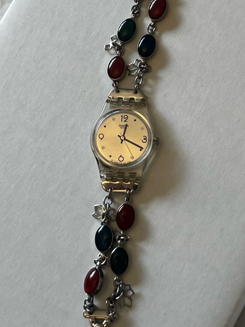 Swatch Vintage Women's Multi-Color Stone Bracelet Watch - Silver Dial